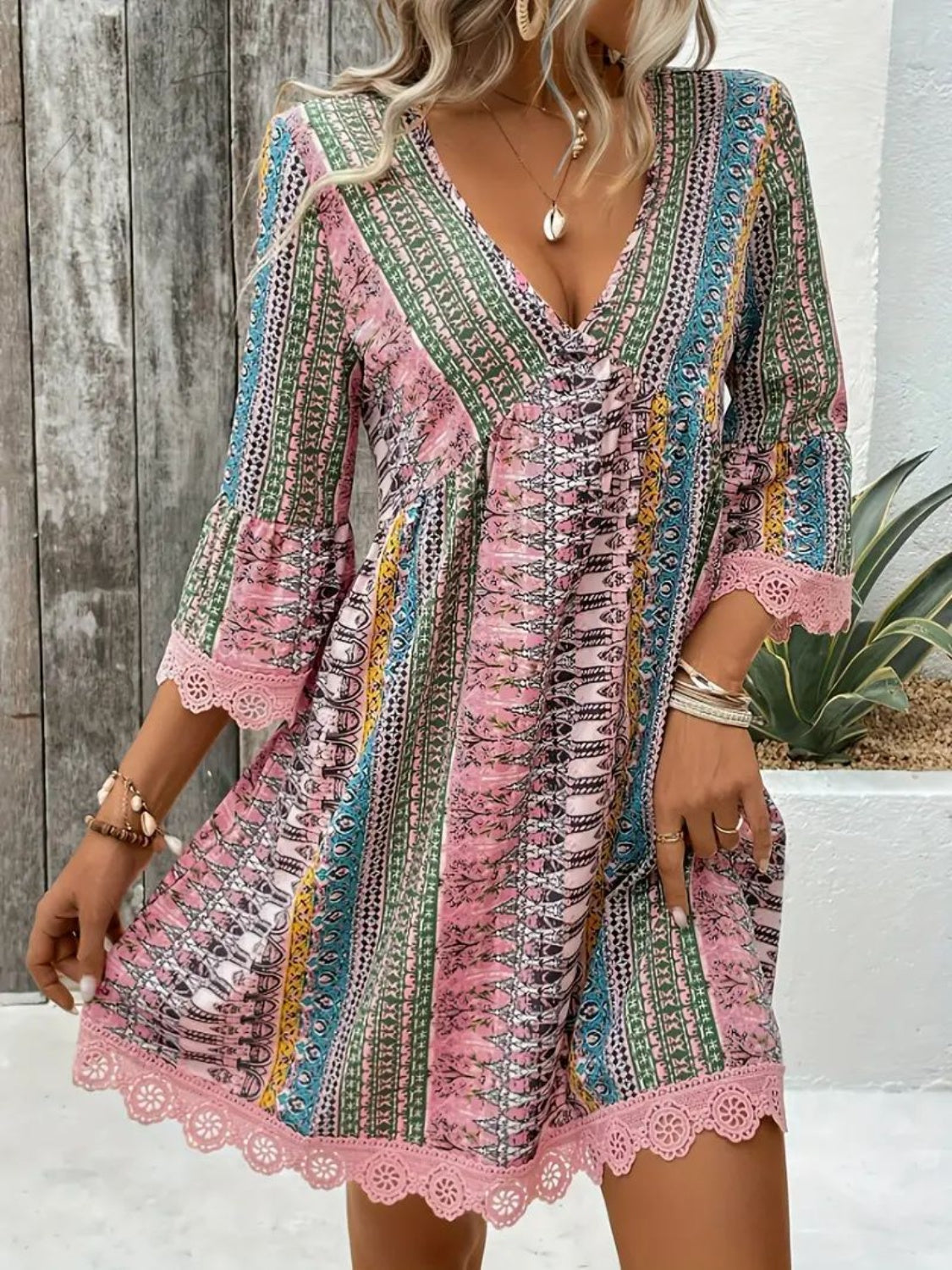 Jurk dames met kantrand en boho print - detailfoto