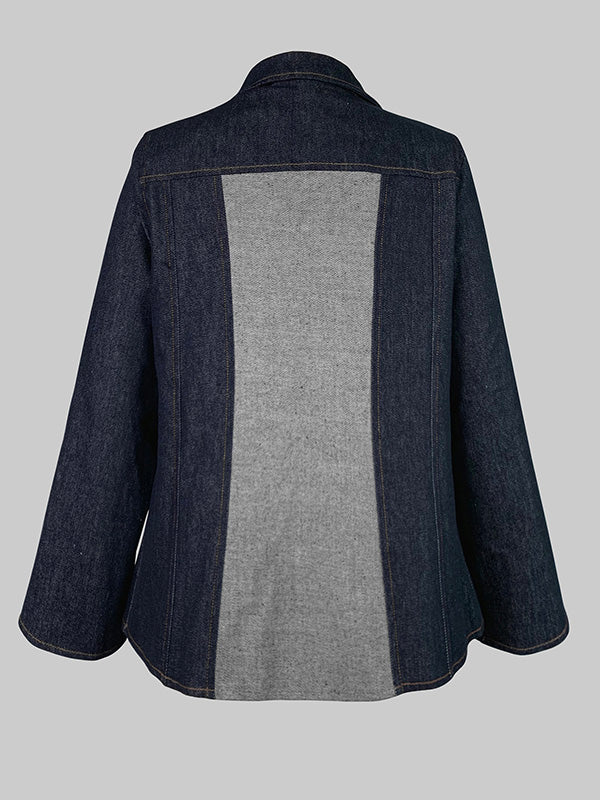 Getailleerde indigo denim damesblazer met lichtgrijze contrastvlakken