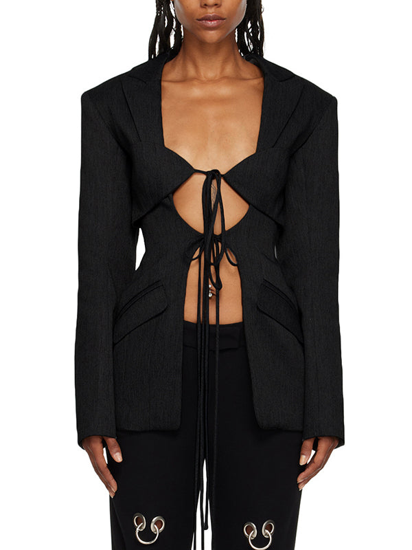 Blazer dames met striksluiting onder de borst, revers en kleppenzakken