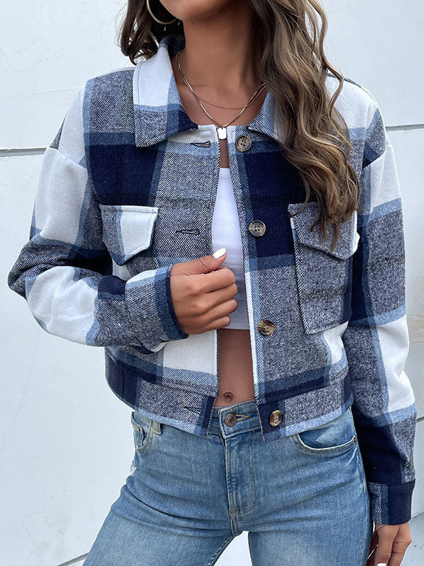 Geruit cropped jack dames met puntkraag en twee kleppenzakken