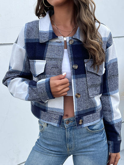 Geruit cropped jack dames met puntkraag en twee kleppenzakken
