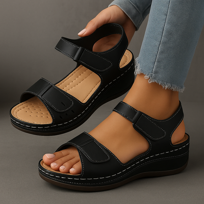 Nina orthopedische sandalen khaki zwart - gedragen op zomerse dag stijlvol