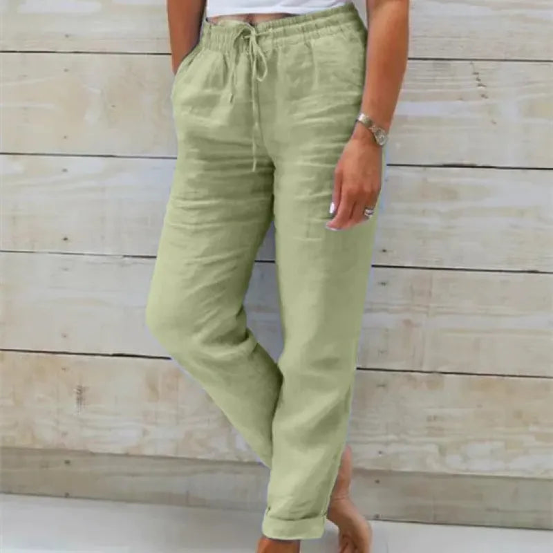 Groene linnen broek dames met elastische taille en omgeslagen zoom op enkellengte