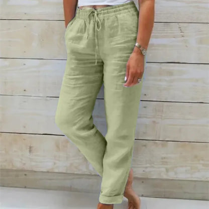 Groene linnen broek dames met elastische taille en omgeslagen zoom op enkellengte