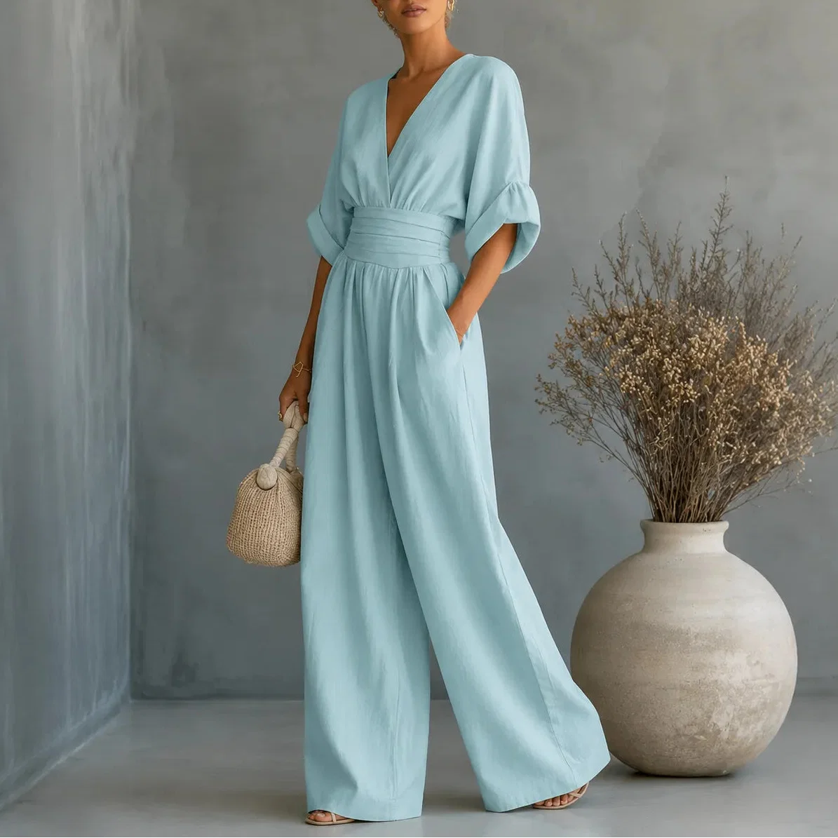 Jumpsuit dames met wijde pijp in IJsblauw