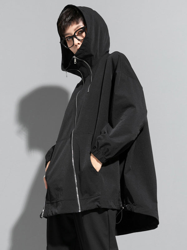Oversized zwart damesjack met diagonale rits en capuchon