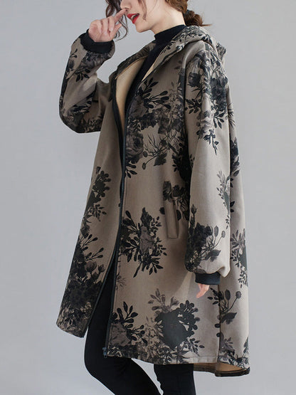 Grijs damesjack met capuchon en donkere bloemenprint