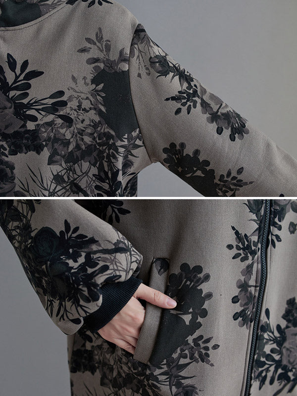 Grijs damesjack met capuchon en donkere bloemenprint