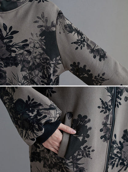 Grijs damesjack met capuchon en donkere bloemenprint
