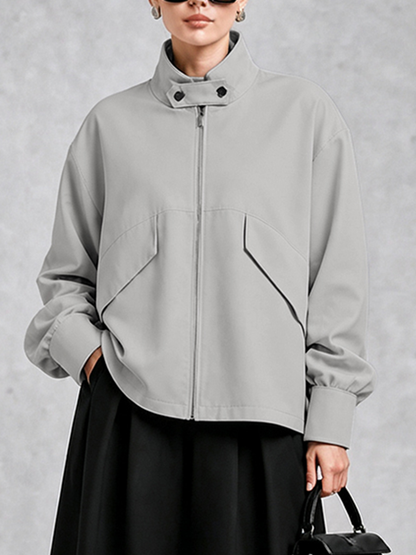 Oversized grijs damesjack met hoge opstaande kraag en rits - grijs