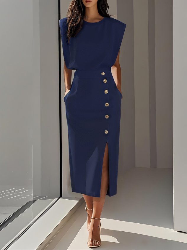 Midi jurk dames blauw met knopen - zijdelings aanzicht elegante jurk