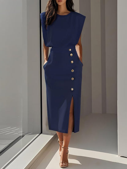 Midi jurk dames blauw met knopen - zijdelings aanzicht elegante jurk