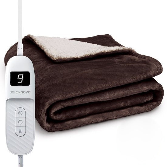 Elektrische deken 180 x 160 cm met 9 warmtestanden en bediening met display - mokkabruin
