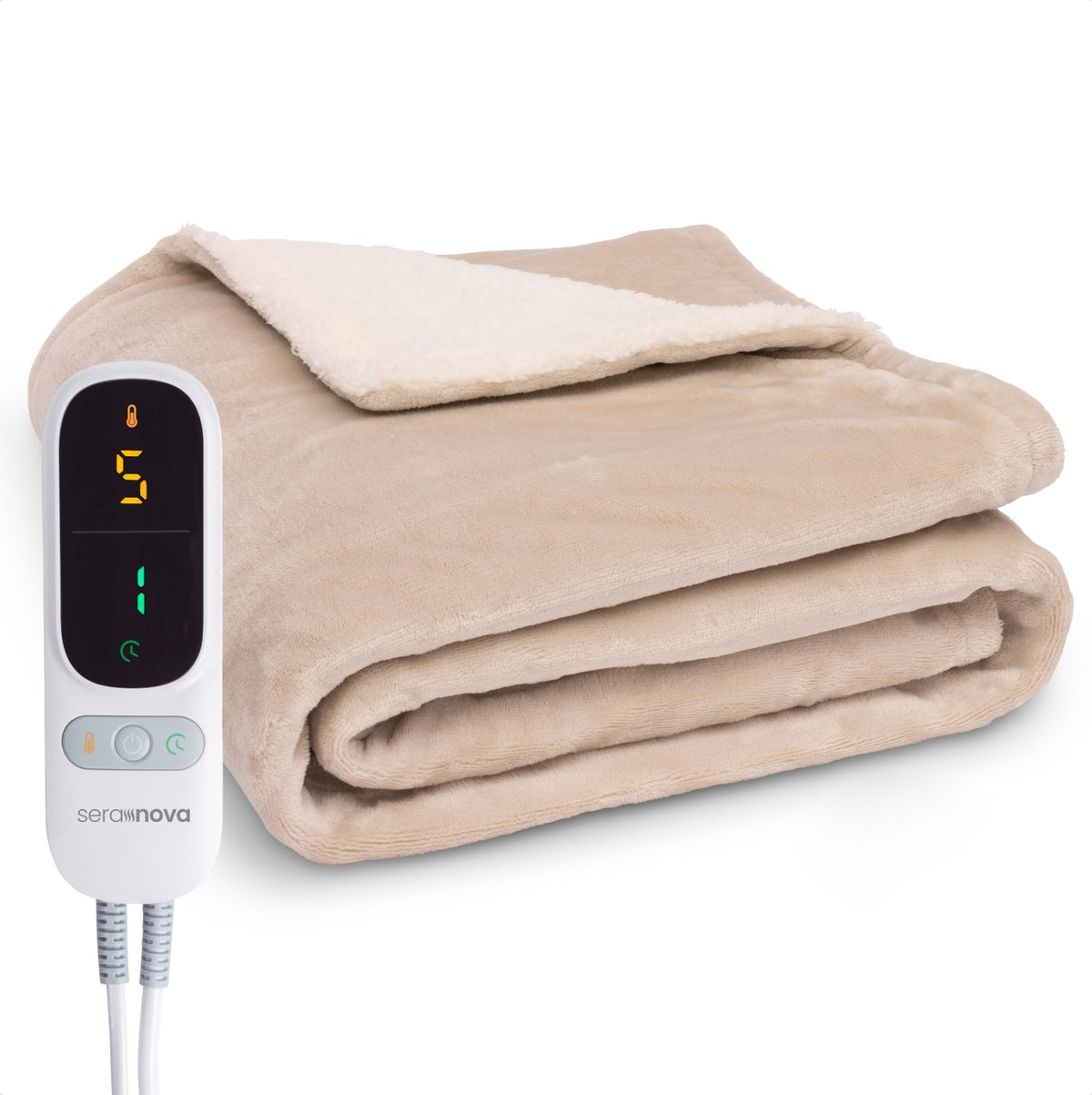 Elektrische deken 180 x 160 cm met extra warmtedraden en bediening met display - zandbeige