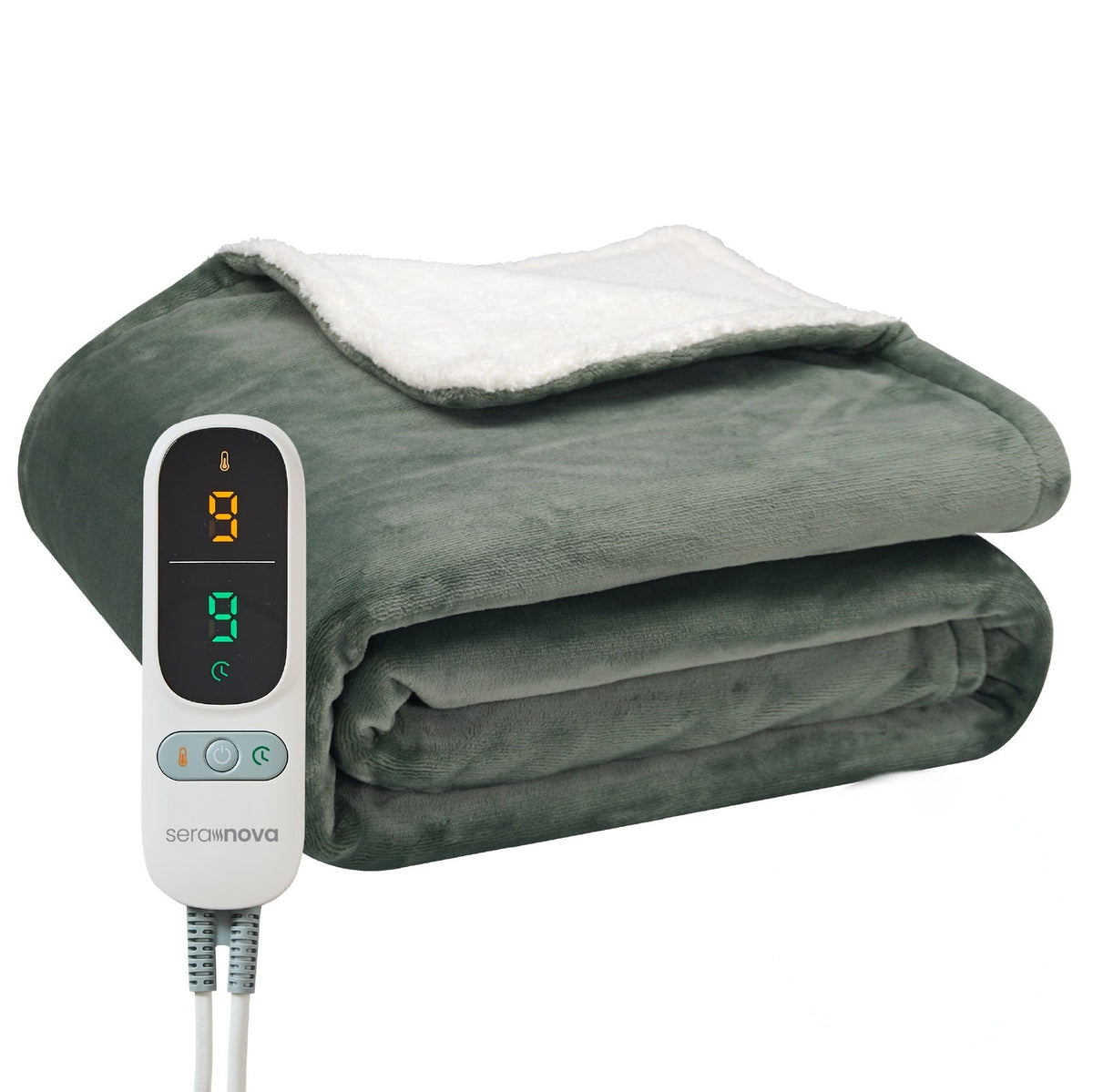 Elektrische deken 180 x 160 cm met extra warmtedraden en bediening met display - saliegroen