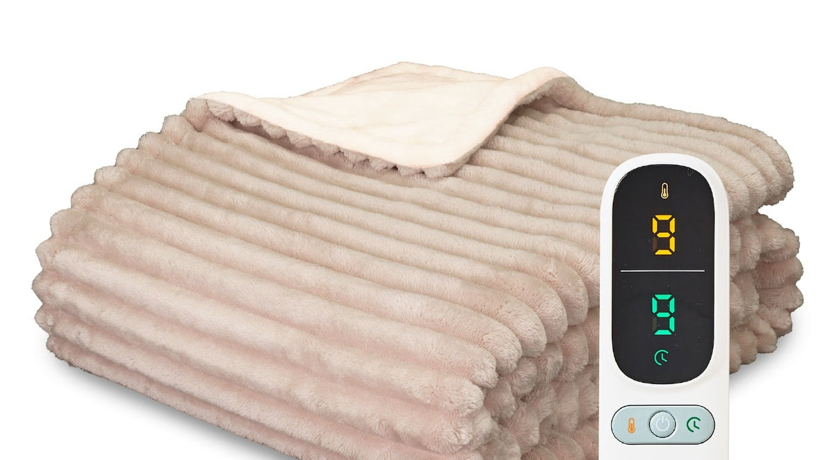 Elektrische deken van 180 x 160 cm met ribbelstructuur en bediening - beige