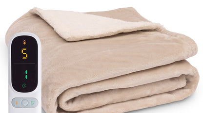 Elektrische deken van 200 x 180 cm met fleece, sherpa en bediening - beige