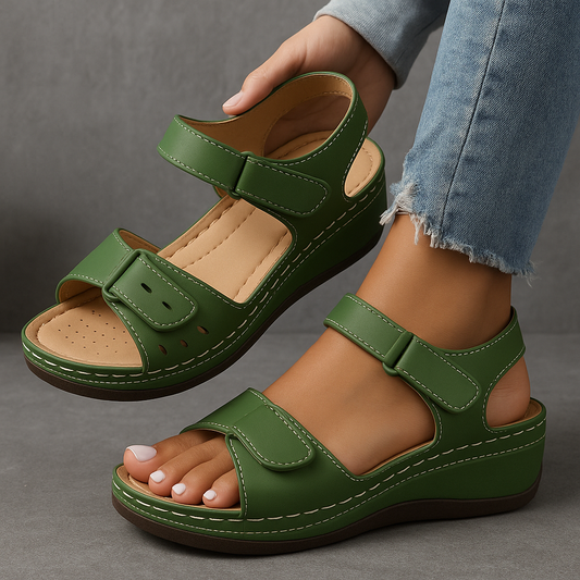 Orthopedische sandalen dames wiggehak groen - voorzijde orthopedisch voetbed