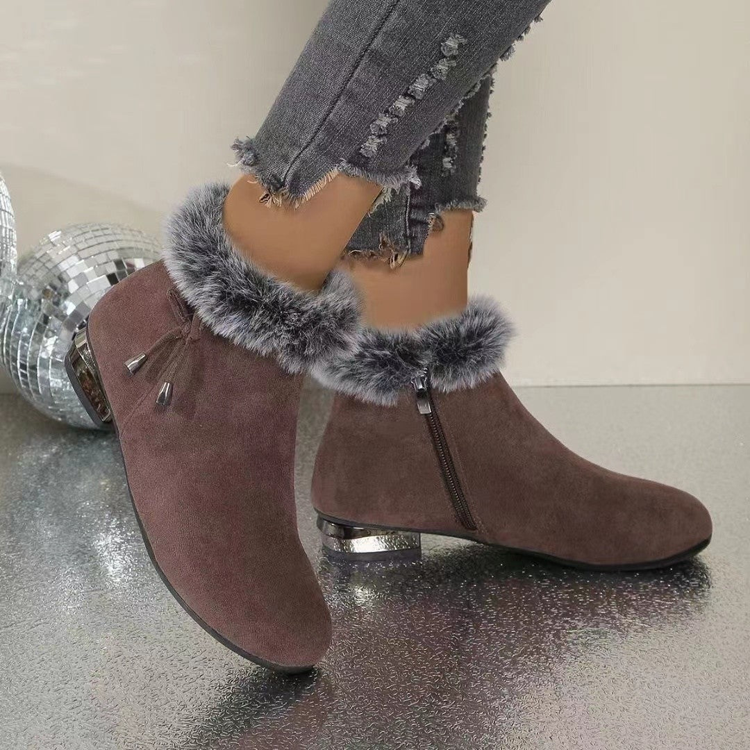 Enkellaarsjes voor dames in suède look met bontrand en lage hak - bruin
