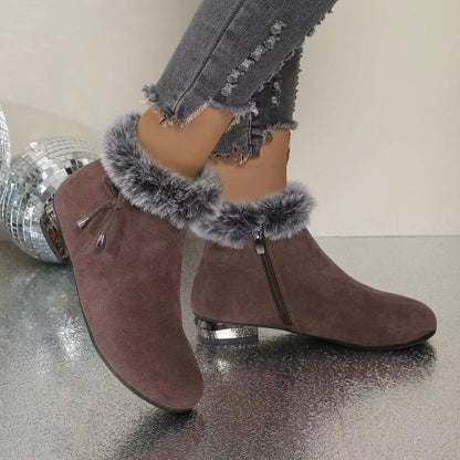 Enkellaarsjes voor dames in suède look met bontrand en lage hak - bruin