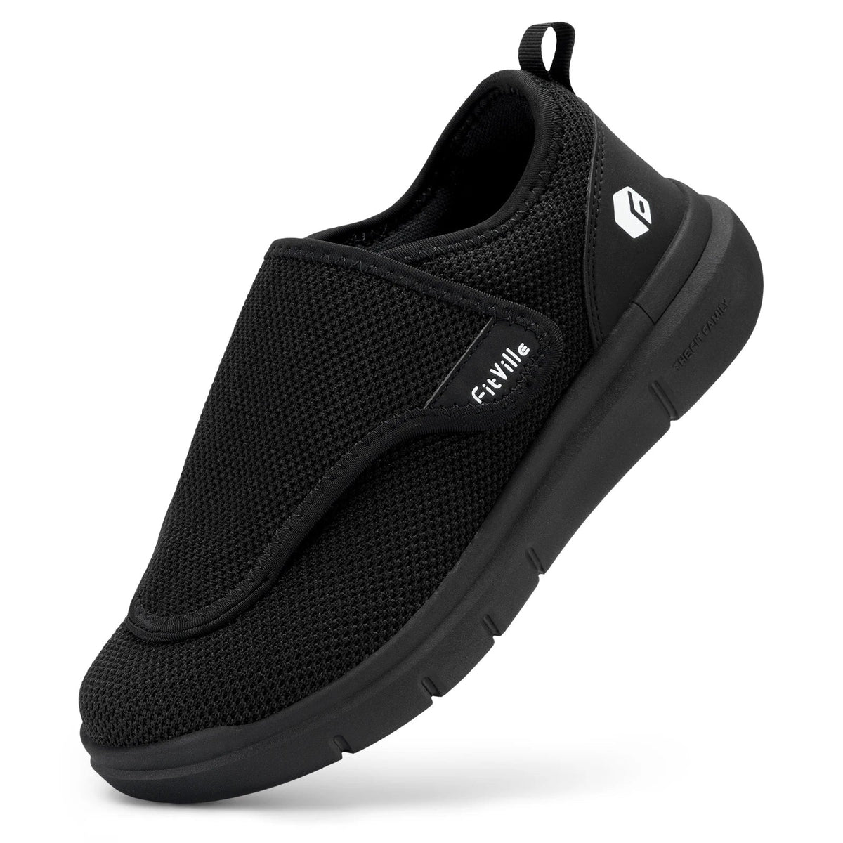 Extra brede herenschoenen van ademend mesh met flap en klittenband - zwart