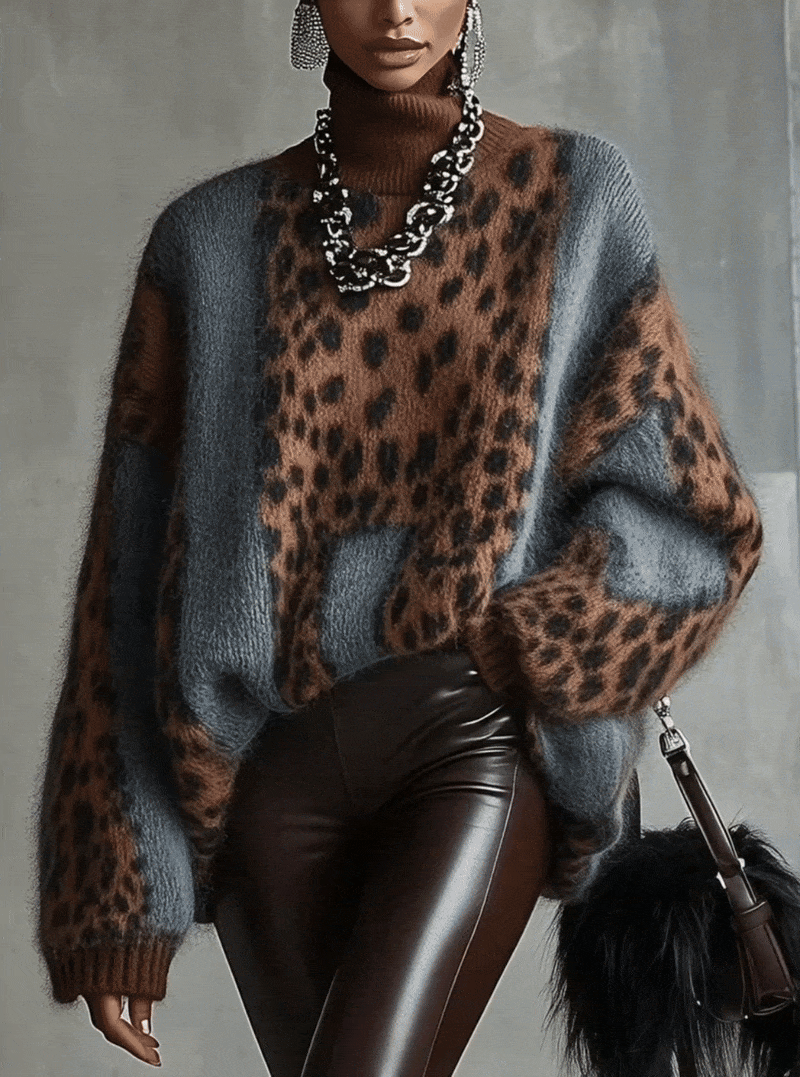 Oversized coltrui met luipaardprint in Luipaard bruin-blauw
