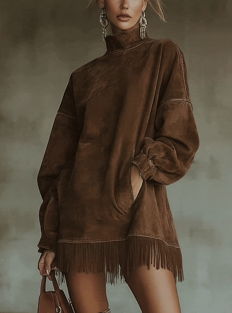 Oversized jurk met suèdelook en franjezoom in Bruin