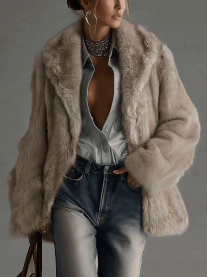 Oversized jas van imitatiebont in taupe in Taupe