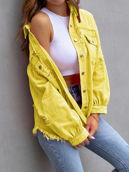 Oversized overhemdjack dames met rafelranden en borstzakken - geel
