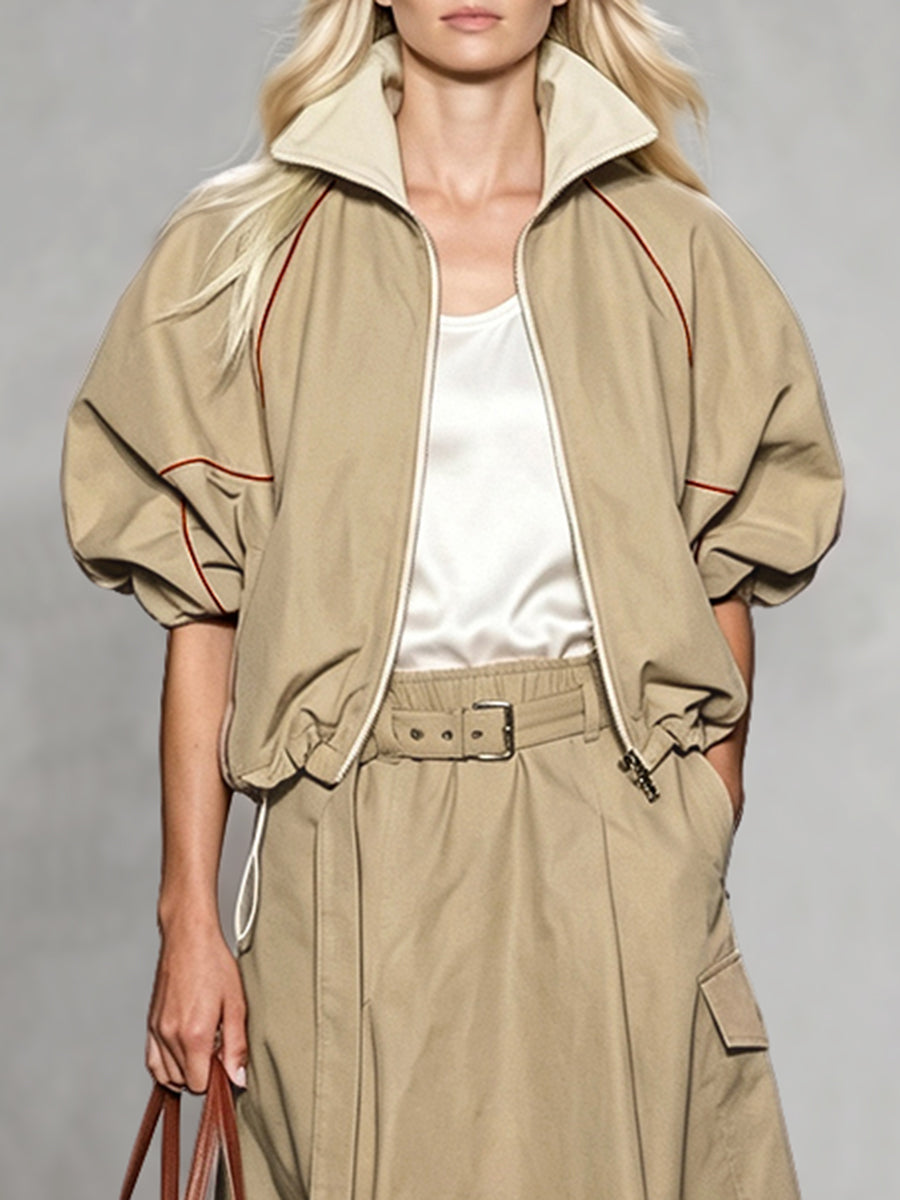 Khaki jack dames met roestkleurige bies en pofmouwen - khaki
