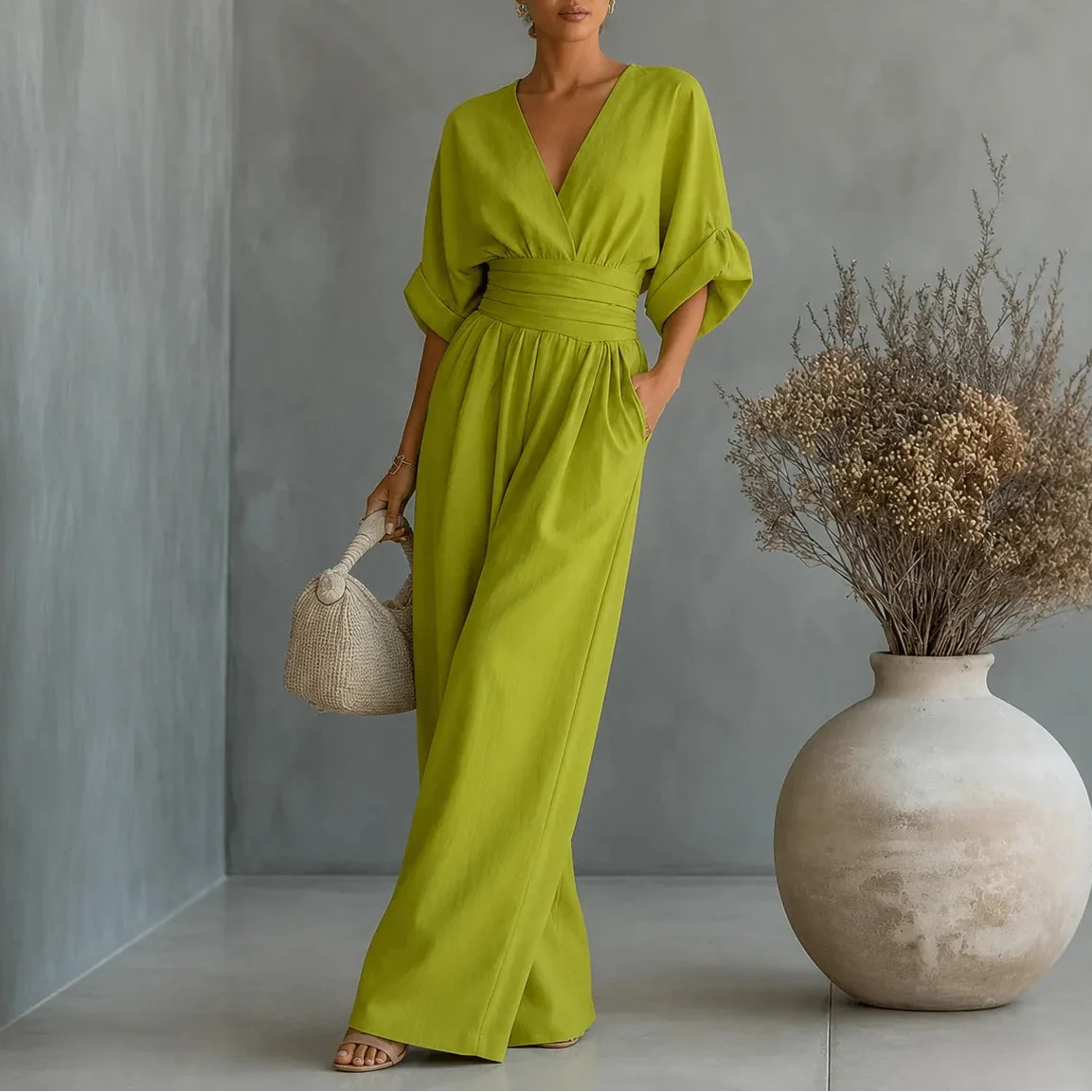Jumpsuit dames met wijde pijp in Limoengroen