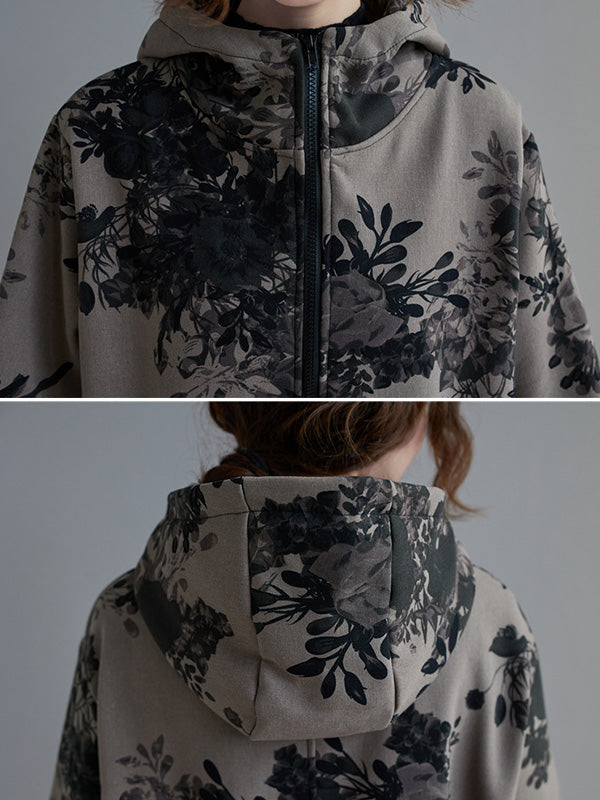 Grijs damesjack met capuchon en donkere bloemenprint