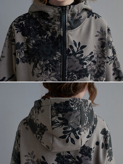 Grijs damesjack met capuchon en donkere bloemenprint