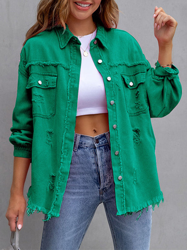 Oversized overhemdjack dames met rafelranden en borstzakken