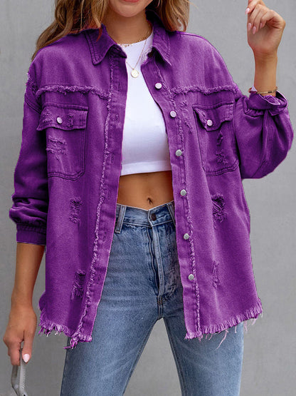 Oversized overhemdjack dames met rafelranden en borstzakken - donkerpaars