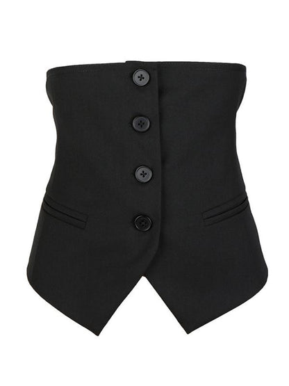 Strapless zwart cropped damesgilet met knoopsluiting en riem op de rug