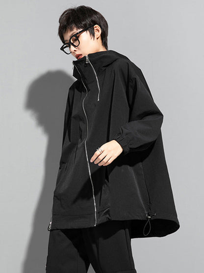 Oversized zwart damesjack met diagonale rits en capuchon
