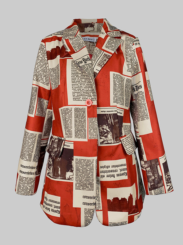 Damesblazer met krantenkolommen in rood en crème