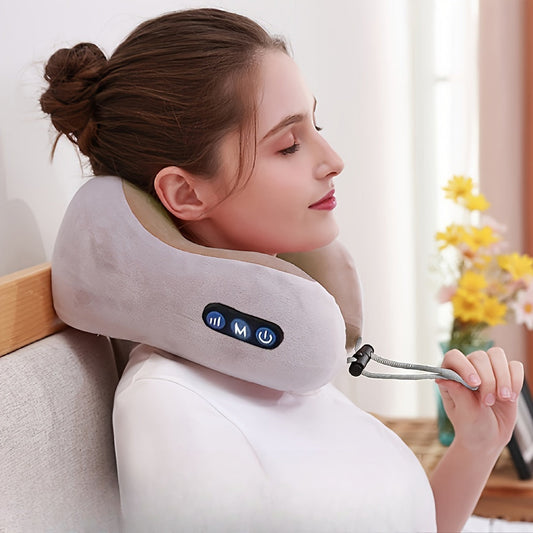 U-vormig Massagekussen met Trillingen – Neksteun met Traagschuim voor Ontspanning Onderweg of Thuis