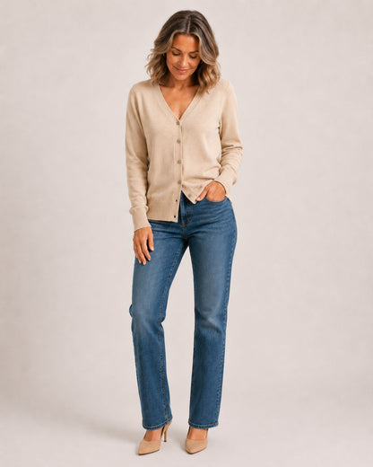 Fijngebreid damesvest met V-hals en knoopsluiting - beige