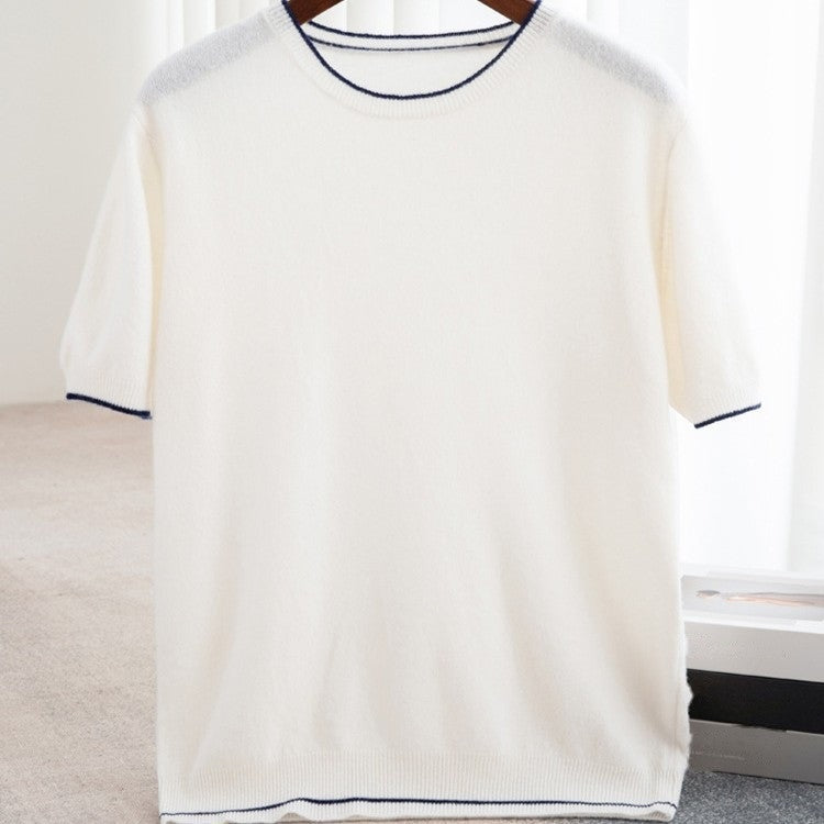 Fijngebreid heren T-shirt met ronde hals en smalle contrastrand - beeld 7