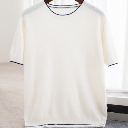 Fijngebreid heren T-shirt met ronde hals en smalle contrastrand - beeld 7