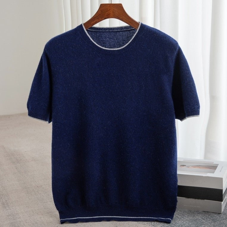 Fijngebreid heren T-shirt met ronde hals en smalle contrastrand - beeld 8