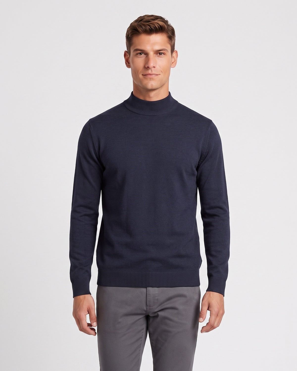Fijngebreide herentrui met halve col en geribde boorden - marineblauw