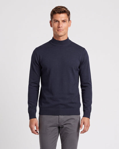 Fijngebreide herentrui met halve col en geribde boorden - marineblauw