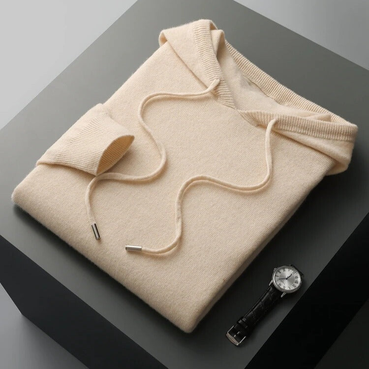 Fijngebreide hoodie voor heren met capuchon, trekkoord en geribde boorden - beige