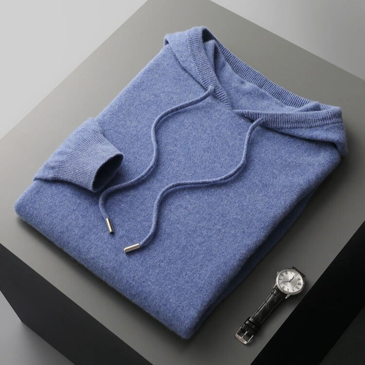 Fijngebreide hoodie voor heren met capuchon, trekkoord en geribde boorden - jeansblauw