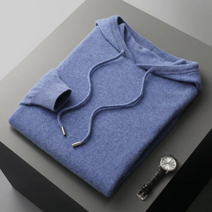 Fijngebreide hoodie voor heren met capuchon, trekkoord en geribde boorden - jeansblauw