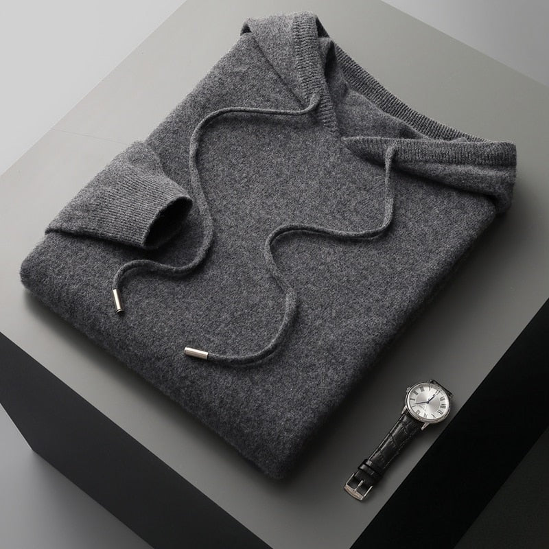 Fijngebreide hoodie voor heren met capuchon, trekkoord en geribde boorden - antraciet