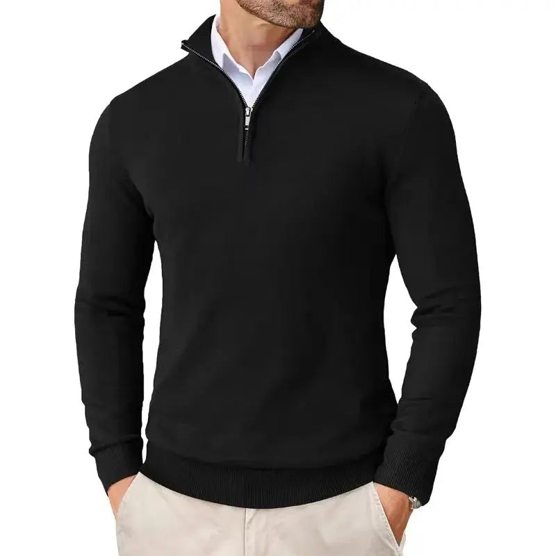 Fijngebreide slim fit herentrui met halve rits en opstaande kraag - zwart